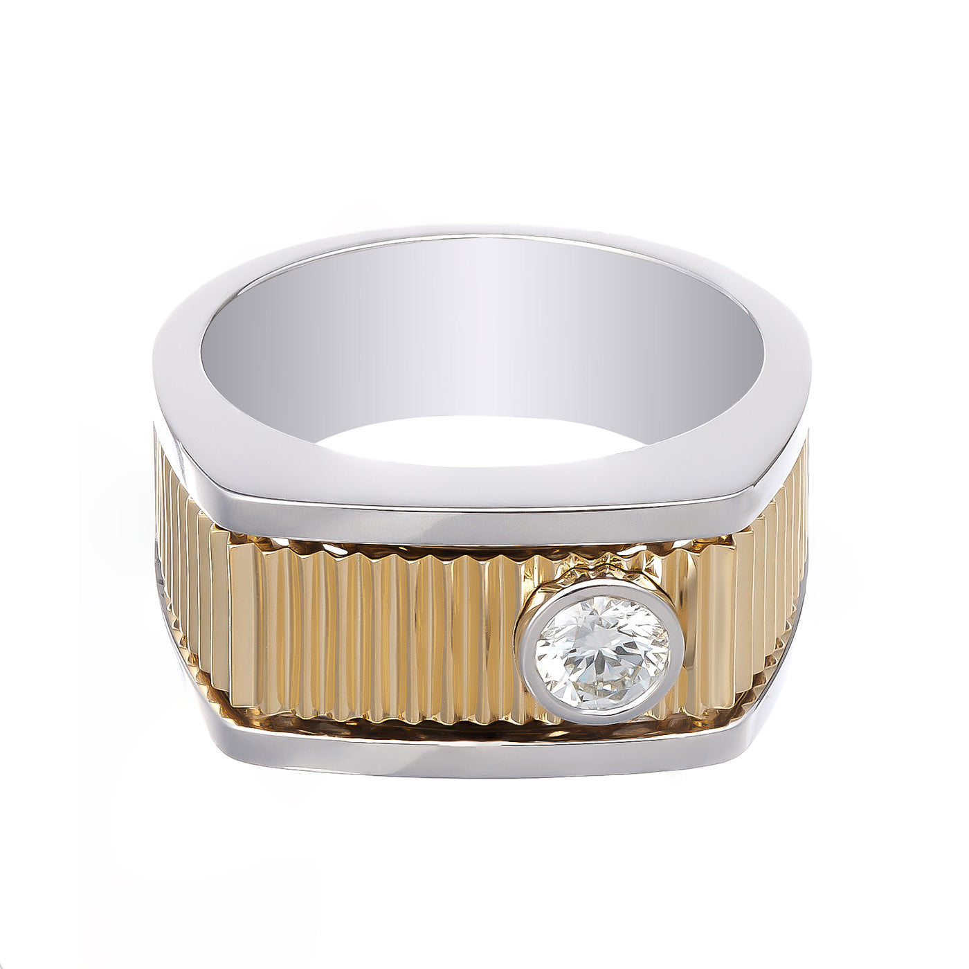 Introducing the Raffi&Co.® 14K Yellow and White Gold Diamond Fashion Ring, a captivating piece featuring a wide, ribbed yellow gold band framed by a square silver border. Its centerpiece is adorned with a round-cut diamond, enhancing the unique elegance of this exquisite design from Raffi&Co.