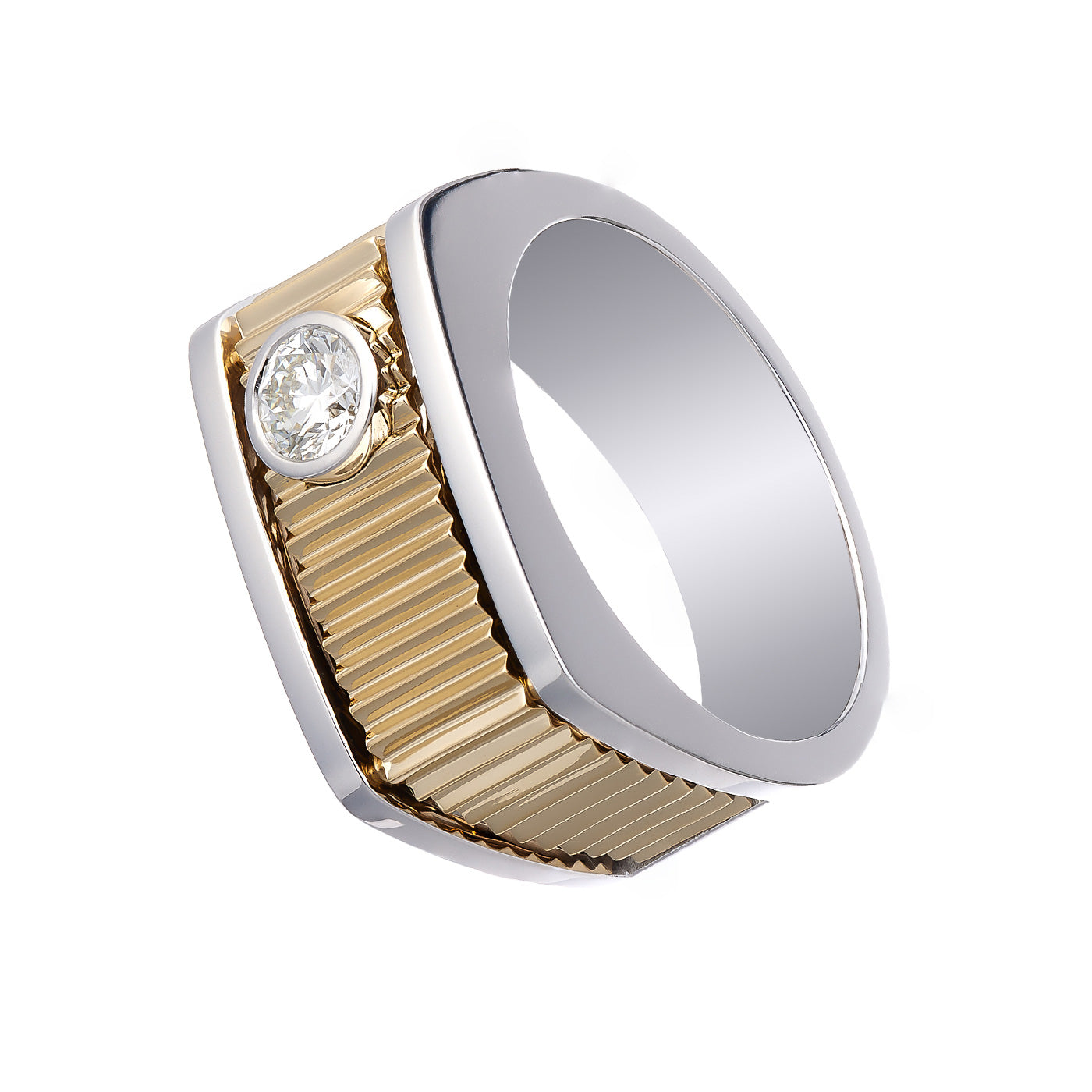 Discover the elegance of the Raffi&Co.® 14K Yellow and White Gold Diamond Fashion Ring. Featuring a ribbed pattern and a stunning round-cut diamond set in the band, this exquisite piece beautifully combines both gold and silver for a captivating look.