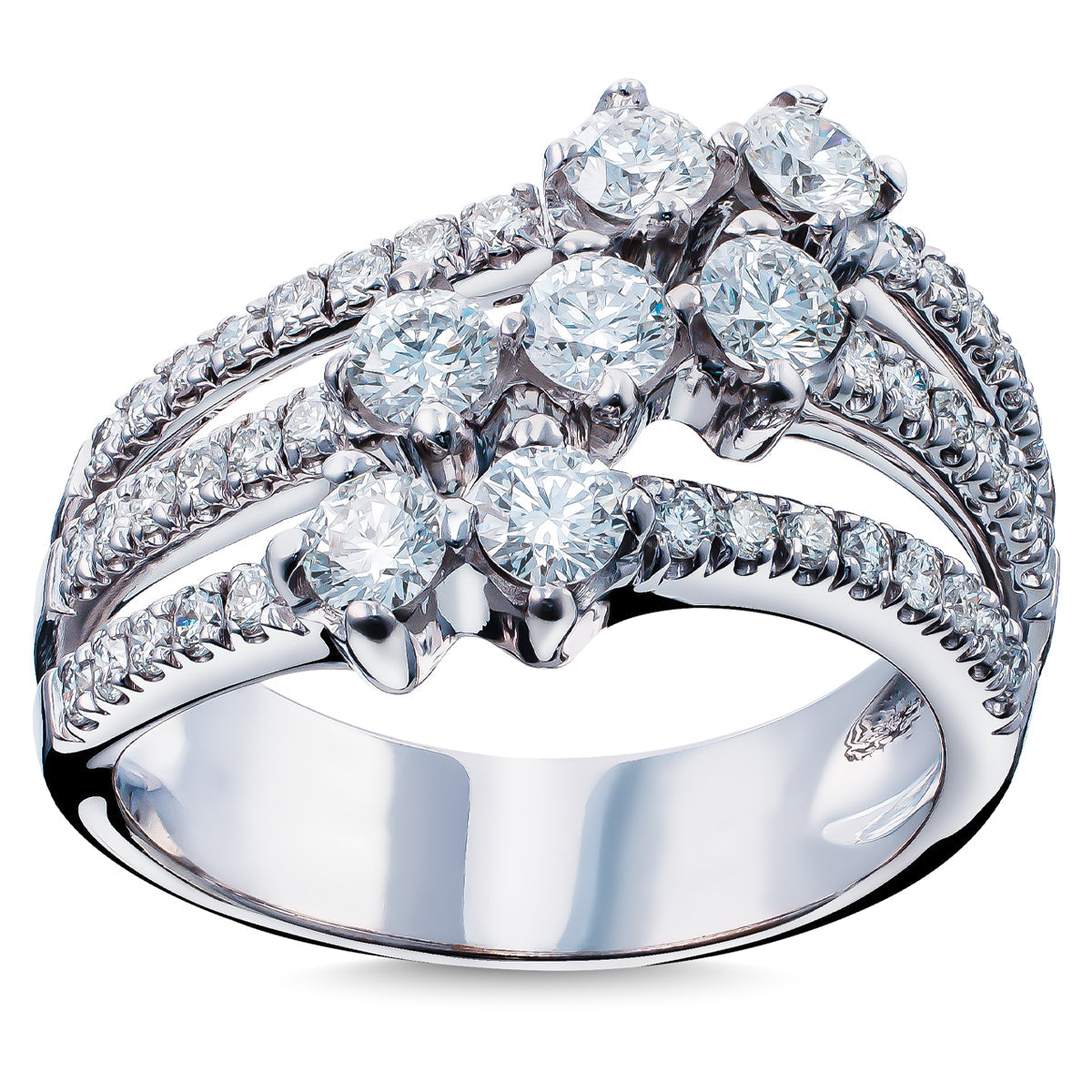 The Raffi&Co.® 18K White Gold Marquise Diamond Fashion Ring boasts a sleek, polished band with three rows of diamonds: five larger round diamonds in the center flanked by smaller ones, creating a stunning sparkle.