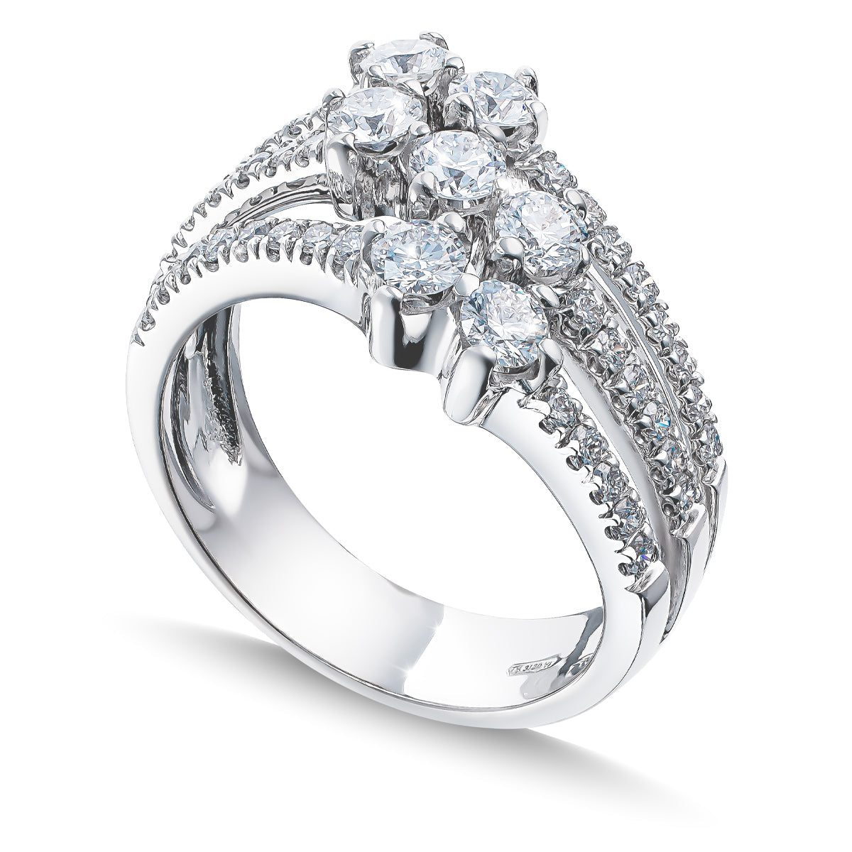 The Raffi&Co.® 18K White Gold Marquise Diamond Fashion Ring showcases six clustered diamonds on top, with smaller diamonds encrusting the partially split shank, creating a sparkling and elegant design.