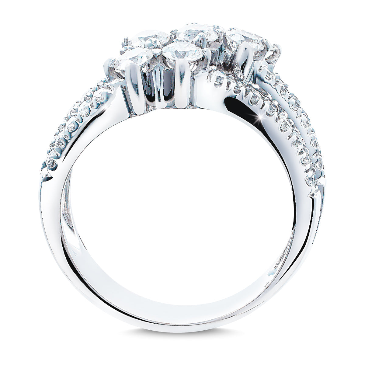 The Raffi&Co.® 18K White Gold Marquise Diamond Fashion Ring features a cluster of diamonds on top and smaller diamonds set along the band's sides.