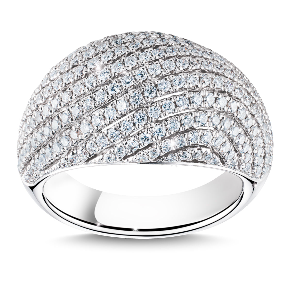 The Raffi&Co.® 18K White Gold Round Brilliant Diamond Fashion Ring features a sleek, polished band with numerous small, sparkling diamonds set in a wave-like pattern, enhancing its luxurious appeal.