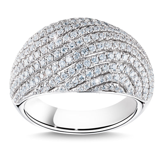 The Raffi&Co.® 18K White Gold Round Brilliant Diamond Fashion Ring features a sleek, polished band with numerous small, sparkling diamonds set in a wave-like pattern, enhancing its luxurious appeal.