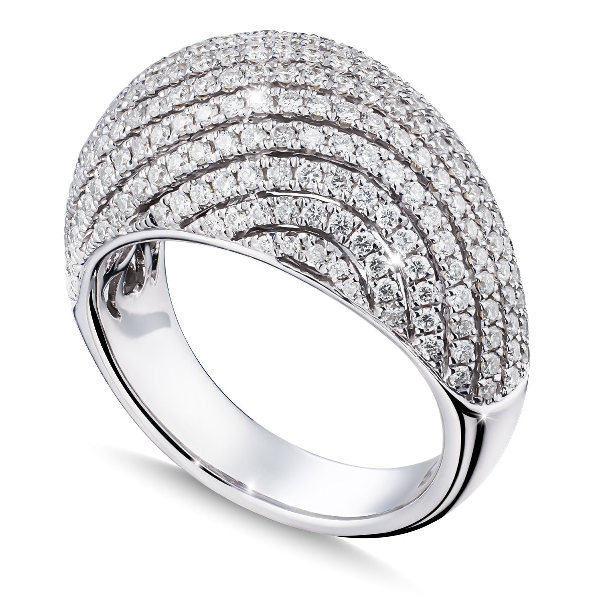 The Raffi&Co.® 18K White Gold Round Brilliant Diamond Fashion Ring features an overlapping dome of glittering diamonds on a smooth gold band, highlighting the intricate design.