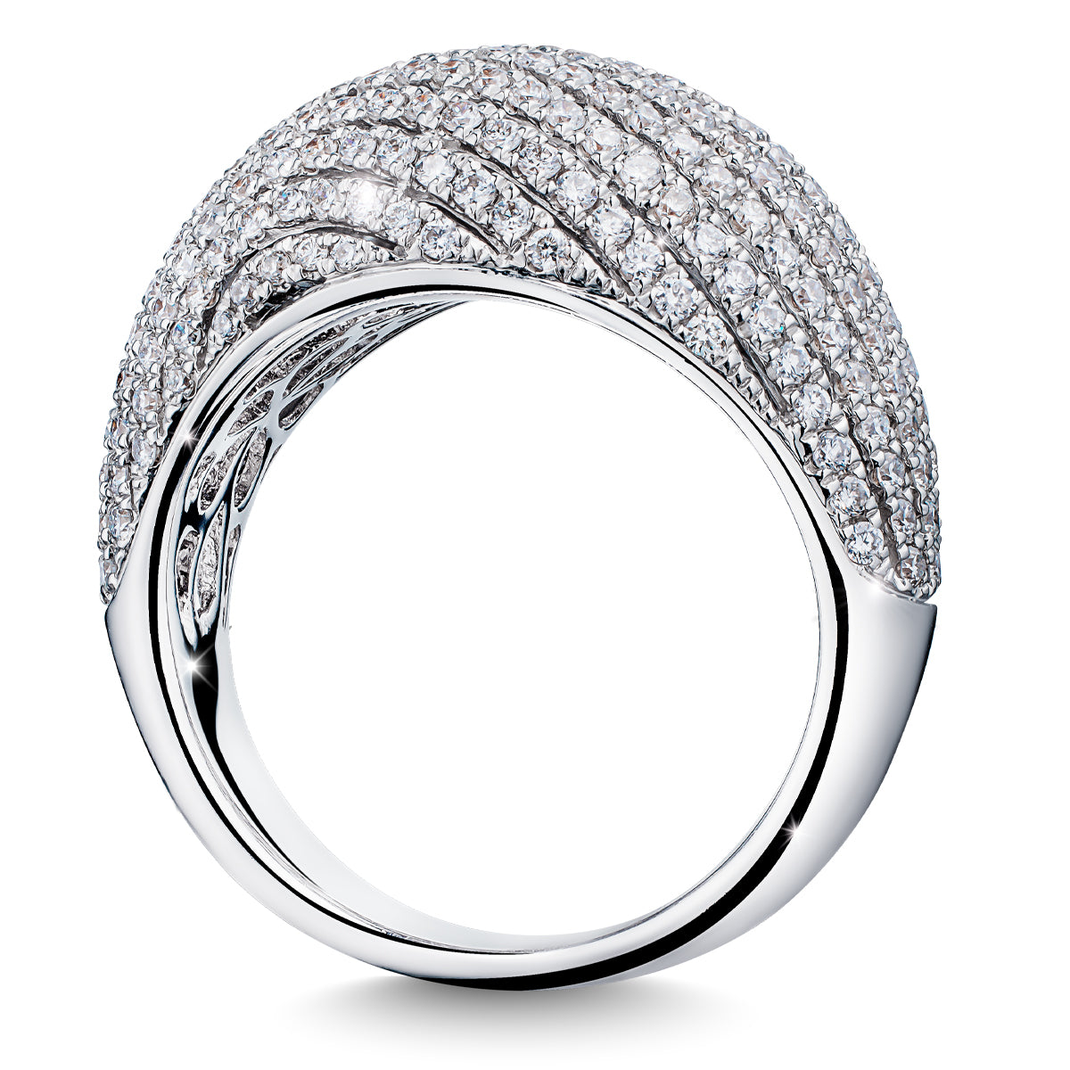 The Raffi&Co.® 18K White Gold Round Brilliant Diamond Fashion Ring features a domed top with rows of sparkling diamonds. Its smooth, polished inner band has intricate detailing, and the white background enhances its shine and elegance.