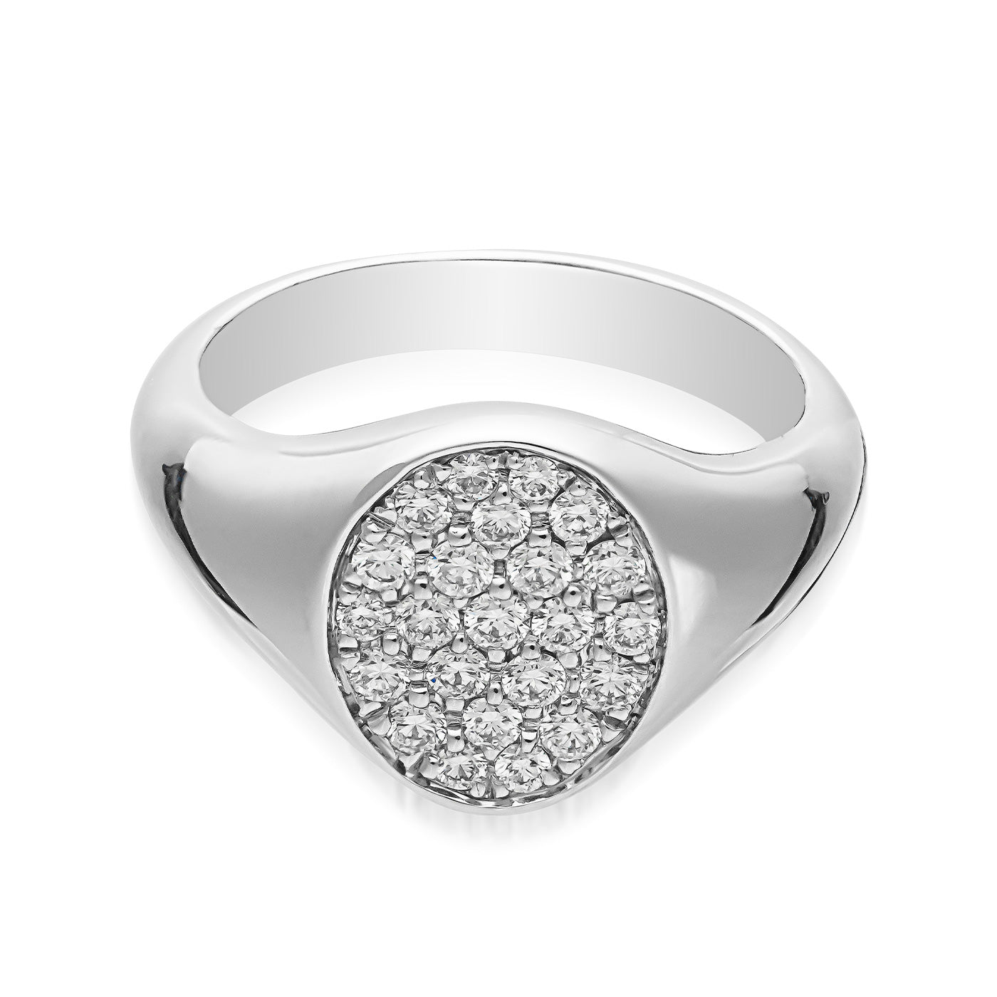 The Raffi&Co.® 18K White Gold Diamond Fashion Ring features a sleek, polished band embellished with an oval cluster of brilliant diamonds. The elegant design highlights the intricate arrangement and enduring beauty of the diamonds, making it a breathtaking diamond fashion ring from Raffi&Co.