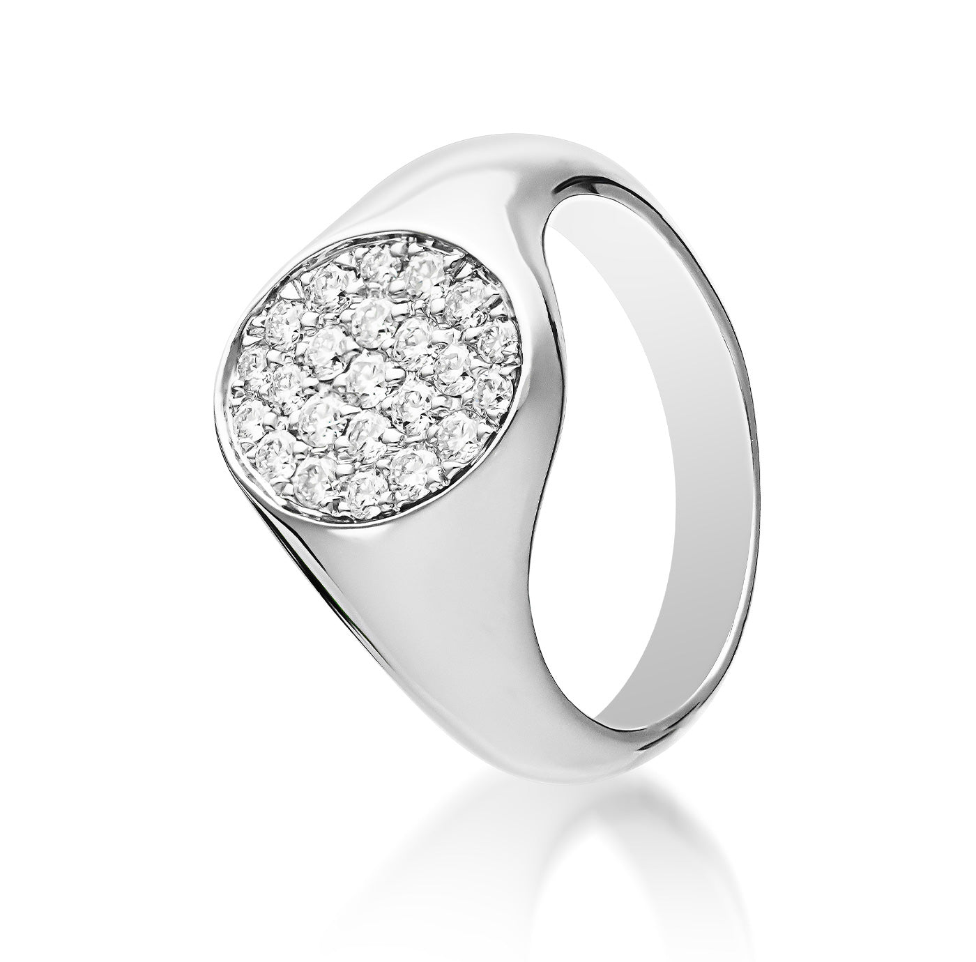 The Raffi&Co.® 18K White Gold Diamond Fashion Ring showcases a sleek band with a round face embellished with numerous small, dazzling diamonds. This elegant and contemporary design is ideal for enhancing any outfit with a touch of sophistication.