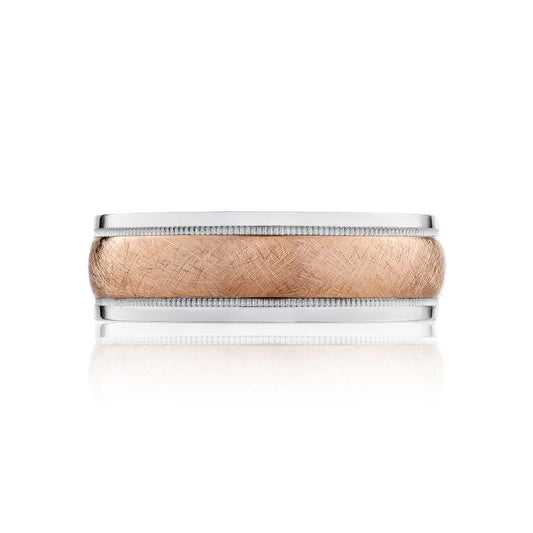 The Tacori Classic Wedding Band for men features a sophisticated two-tone design, combining a brushed rose gold center with polished 18K white gold edges and accented by delicate milgrain details.