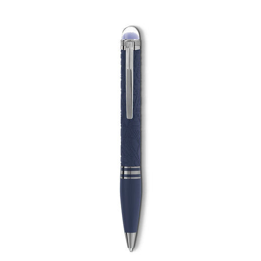The Montblanc Starwalker SpaceBlue Resin Ballpoint Pen features a sleek design with a silver clip and an intricate Widmanstätten Pattern on its body. The pen's silver tip and end highlight its premium quality against a plain white background.