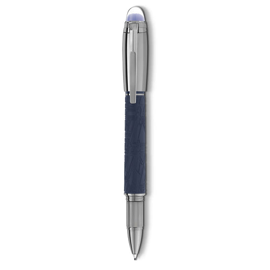 The Montblanc Starwalker SpaceBlue Resin Doue Fineliner Pen showcases a sleek design with a silver and navy barrel adorned with intricate Widmanstätten patterns, complemented by a shiny clip and a rounded, transparent cap tip, all set against a white background.