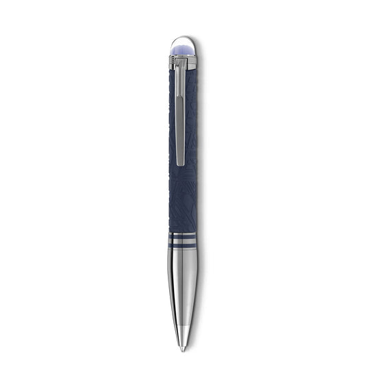The Montblanc Starwalker SpaceBlue Resin Doue Ballpoint Pen features a modern and elegant design with a textured, deep space blue grip, complemented by a polished silver tip and clip, all highlighted against a plain white background.