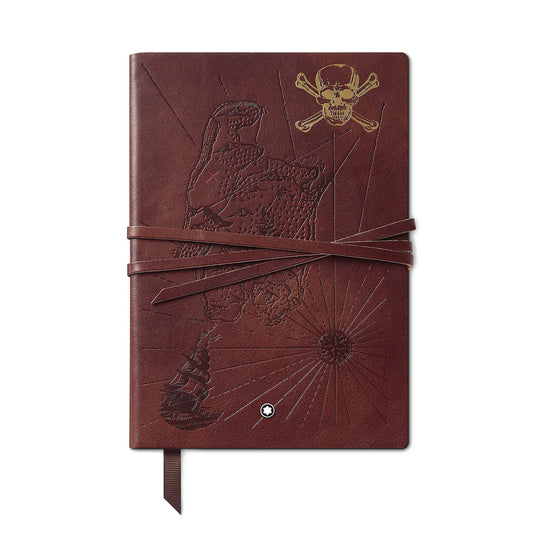 Introducing the Montblanc Homage to Robert Louis Stevenson #146 Small Notebook, crafted by Montblanc. This brown leather notebook showcases a pirate-themed design that evokes the adventurous spirit of Robert Louis Stevenson's stories. With an embossed map, compass, and skull with crossbones, this Italian-made notebook also features a leather strap that wraps around its cover and includes a convenient ribbon bookmark at the bottom.