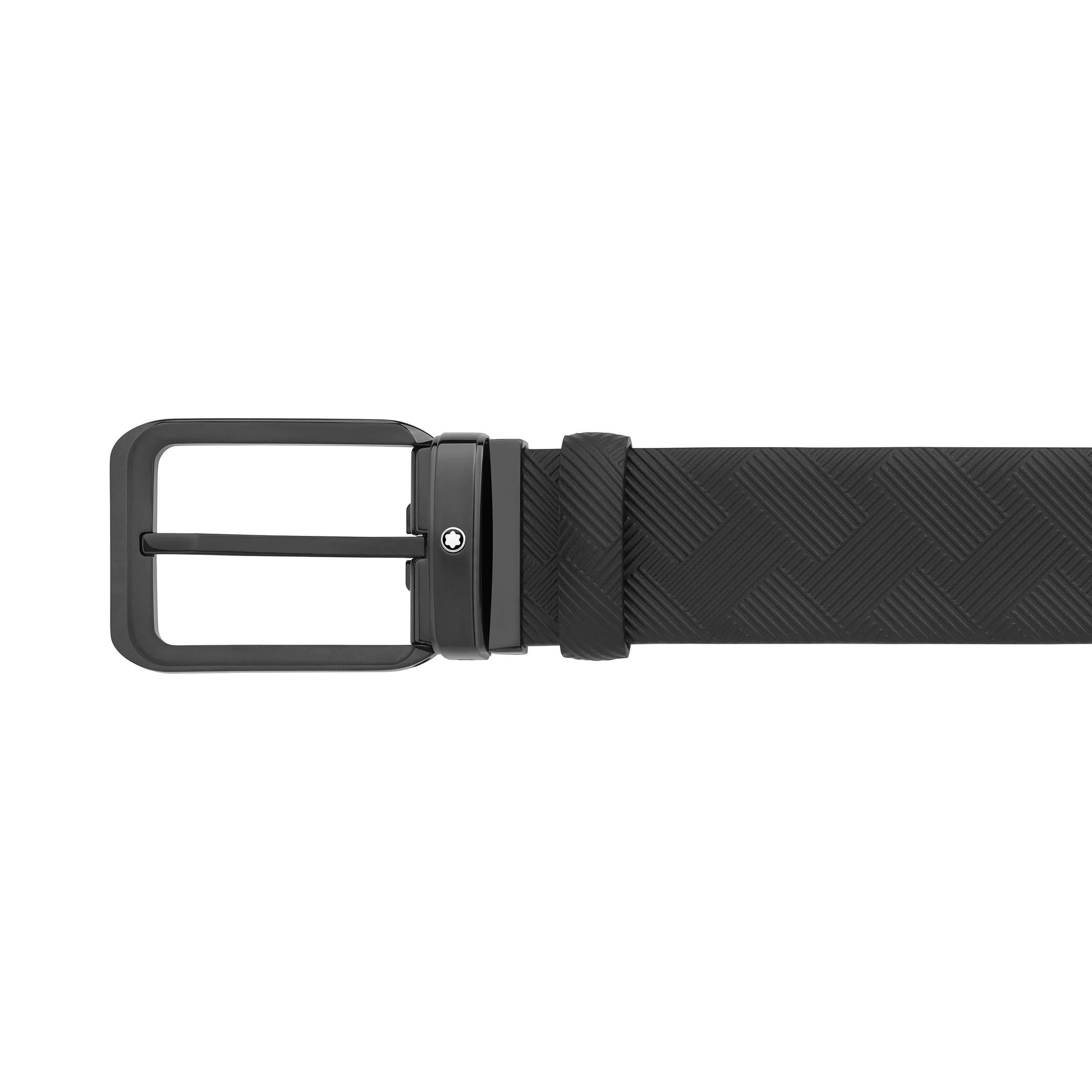Introducing the Montblanc Extreme 3.0 Reversible Leather Belt, a 35mm black leather accessory featuring a square metal buckle. The strap is elegantly adorned with a subtle geometric embossed pattern, making it the perfect choice for those who admire refined style akin to Montblanc enthusiasts.