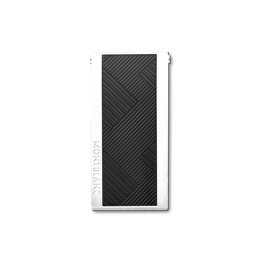 A stylish rectangular money clip from the Montblanc Extreme 3.0 Collection, featuring a stainless steel border and a textured black surface with the Montblanc logo embossed on the side.