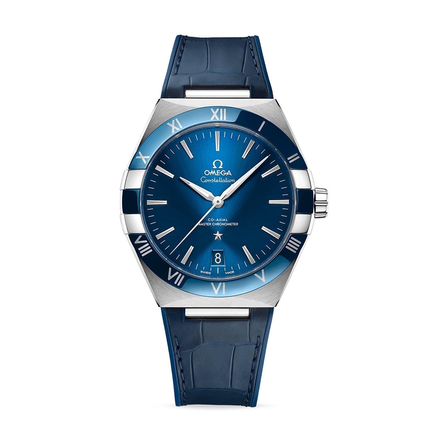 Indulge in the sophistication of the OMEGA Constellation Co-Axial Master Chronometer 41mm Watch, characterized by its luxurious blue dial adorned with silver Roman numerals. The watch boasts a unique blue ceramic bezel and delivers exceptional precision, thanks to its Co-Axial Master Chronometer movement, all elegantly completed with a textured blue strap.