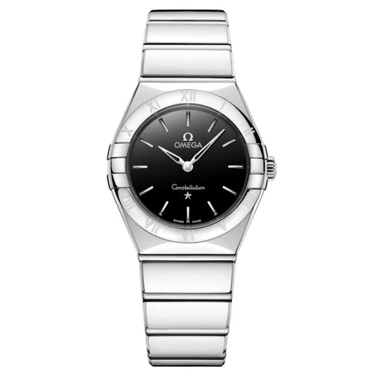 The OMEGA Constellation Quartz 28mm Watch features a stainless steel case, black dial with silver markers and star at 6 o’clock, Roman numeral bezel, and a polished segmented bracelet for a refined look.