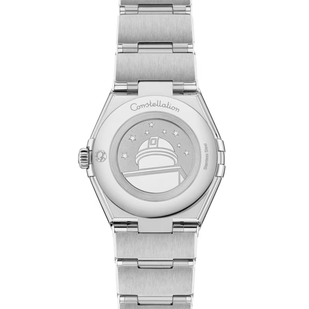 The OMEGA Constellation Quartz 28mm Watch features "Constellation" engraved above an observatory and stars on the caseback, and boasts a stainless steel metal link band for timeless style.