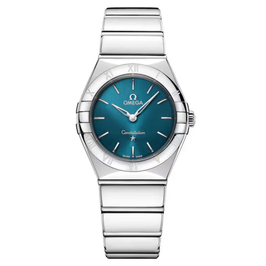 The OMEGA Constellation Quartz 28mm Watch features a peacock blue dial, silver hour markers, Roman numeral bezel, minimalist design, and a sleek stainless steel bracelet.