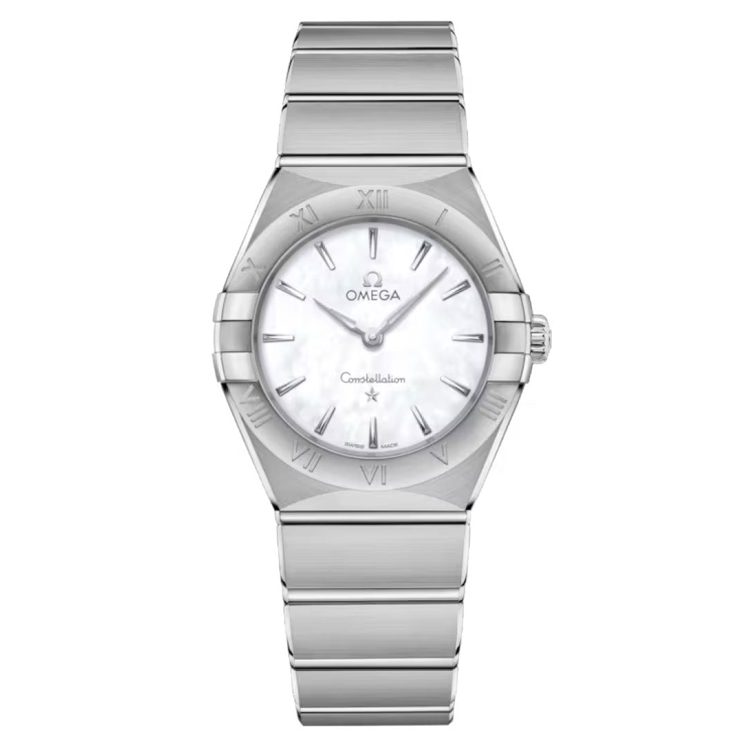 The OMEGA Constellation Quartz 28mm Watch features a stainless steel case, mother-of-pearl dial, silver hour markers and hands, Roman numeral-engraved bezel, and a sleek steel bracelet.