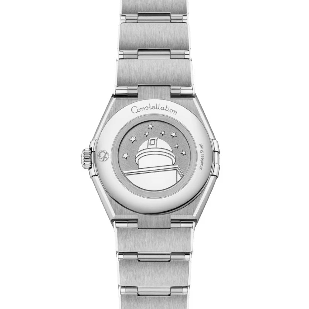 Back view of the OMEGA Constellation Quartz 28mm Watch showing an engraved observatory with eight stars, "Constellation" above, and "Stainless Steel" inscribed on the case edge.