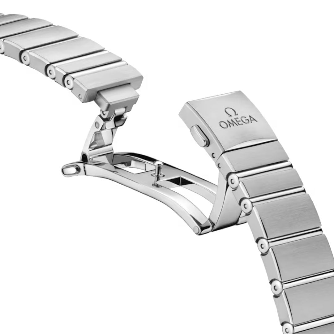 Close-up of the stainless steel bracelet with open clasp on the OMEGA Constellation Quartz 28mm Watch, featuring the engraved Omega logo and linked segments that enhance its elegant mother-of-pearl dial.