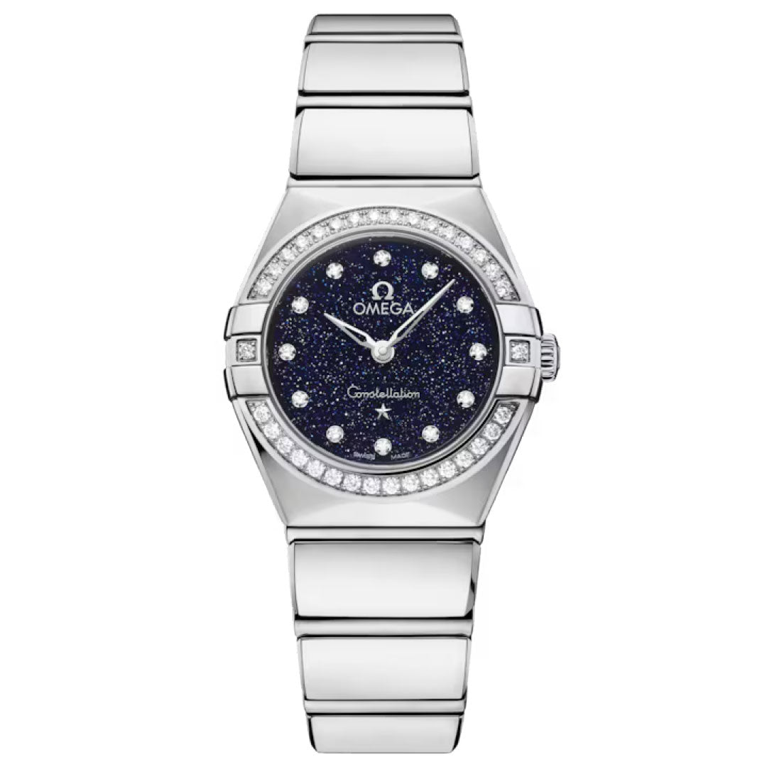 The OMEGA Constellation Quartz 25mm Watch features a metallic band, diamond-paved bezel, blue aventurine dial with diamond hour markers, and the Omega logo.