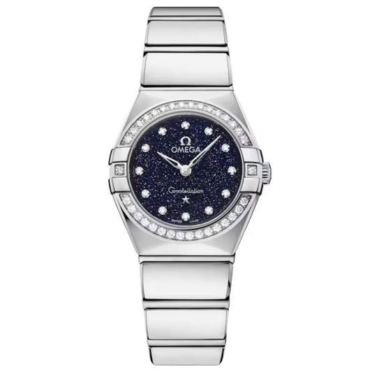 The OMEGA Constellation Quartz 25mm Watch features a metallic band, diamond-paved bezel, blue aventurine dial with diamond hour markers, and the Omega logo.