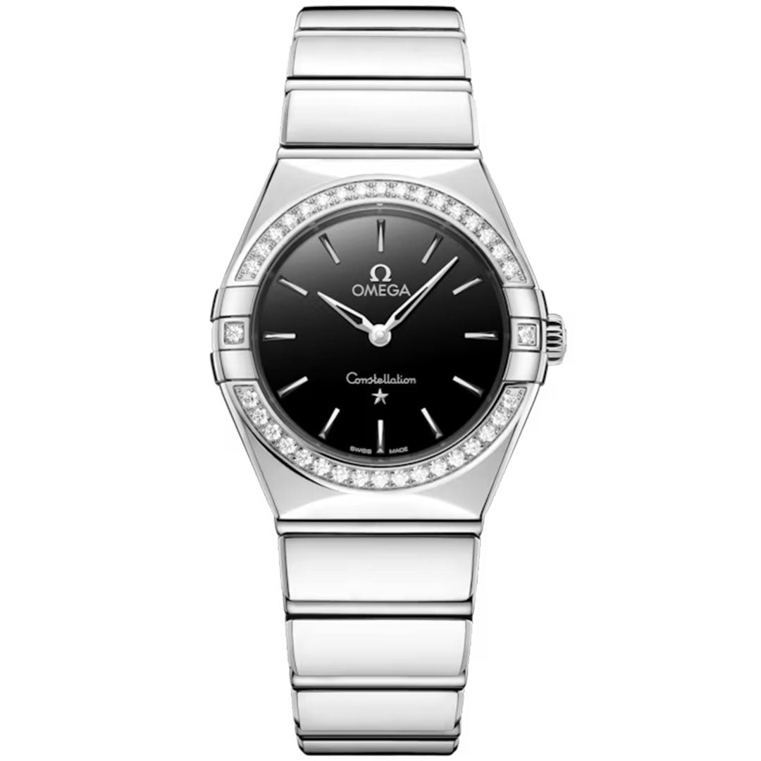 The OMEGA Constellation Quartz 28mm Watch features a stainless steel case, black dial, diamond bezel, silver hour markers, and metal bracelet. The OMEGA logo and "Constellation" appear on the elegant watch face.