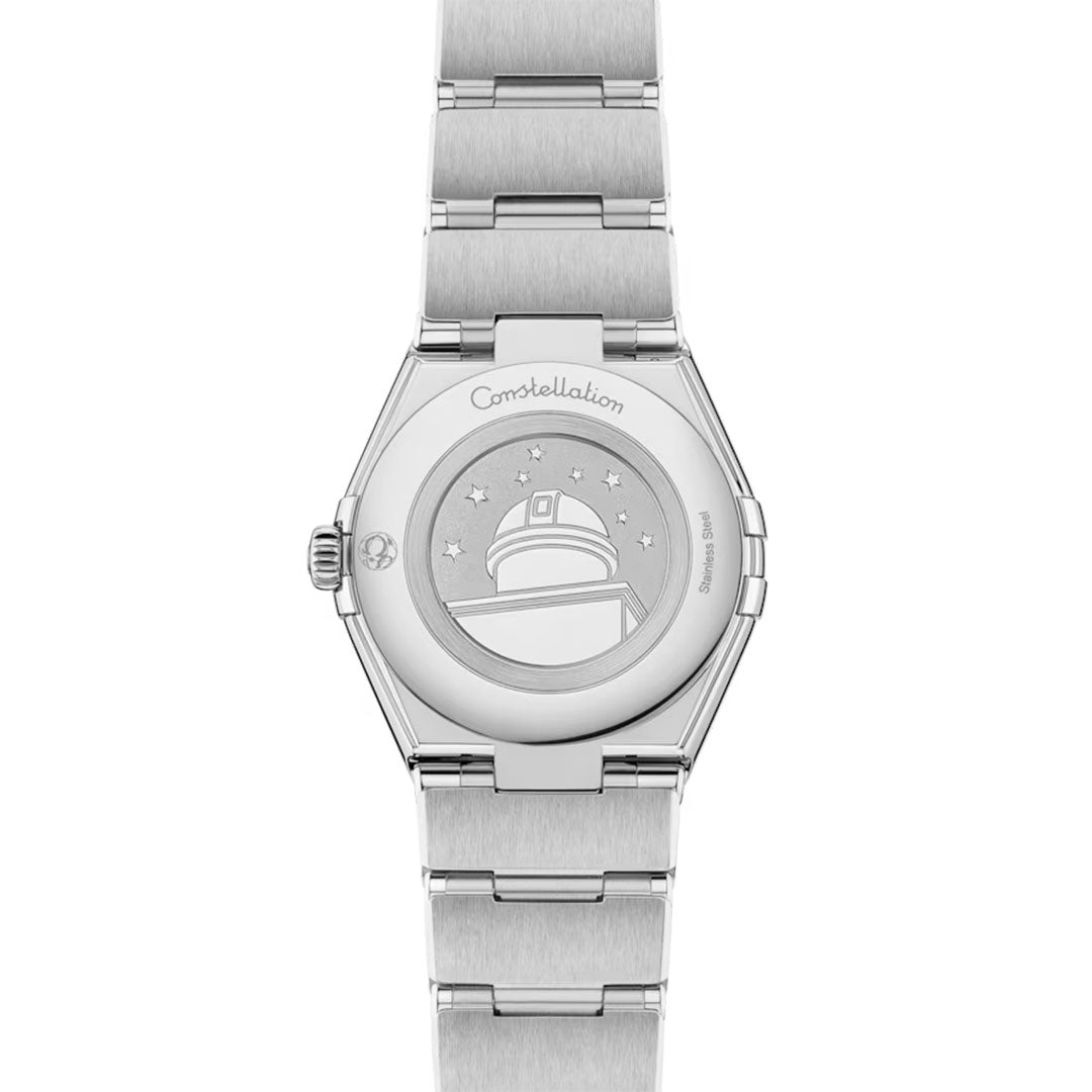 The OMEGA Constellation Quartz 28mm Watch features a brushed stainless steel strap, an engraved observatory with stars, and "Constellation" on the back—hallmarks of the iconic OMEGA collection.
