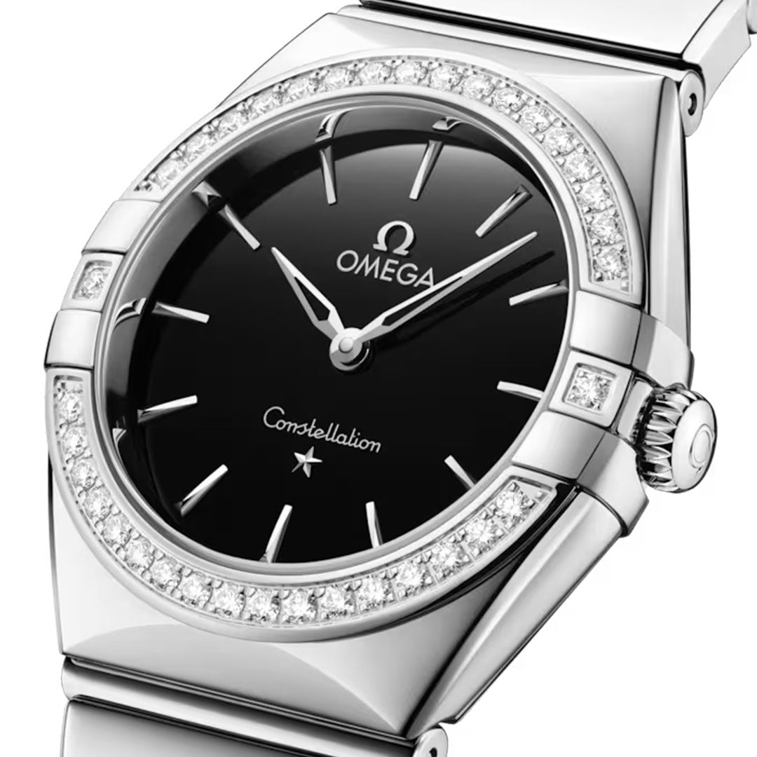 Close-up of the OMEGA Constellation Quartz 28mm Watch in stainless steel, showcasing a black dial with silver hour markers, diamond bezel, and the signature OMEGA logo with "Constellation" above a star.