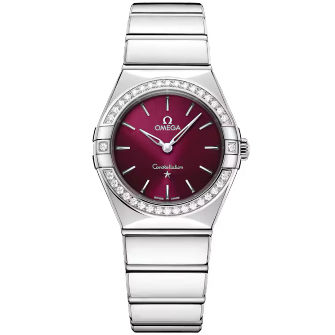 The OMEGA Constellation Quartz 28mm Watch features a stainless steel case and bracelet, a deep red dial with diamond-paved bezel, silver hour markers and hands, and the signature star emblem above 6 o’clock.