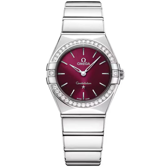 The OMEGA Constellation Quartz 28mm Watch features a stainless steel case and bracelet, a deep red dial with diamond-paved bezel, silver hour markers and hands, and the signature star emblem above 6 o’clock.