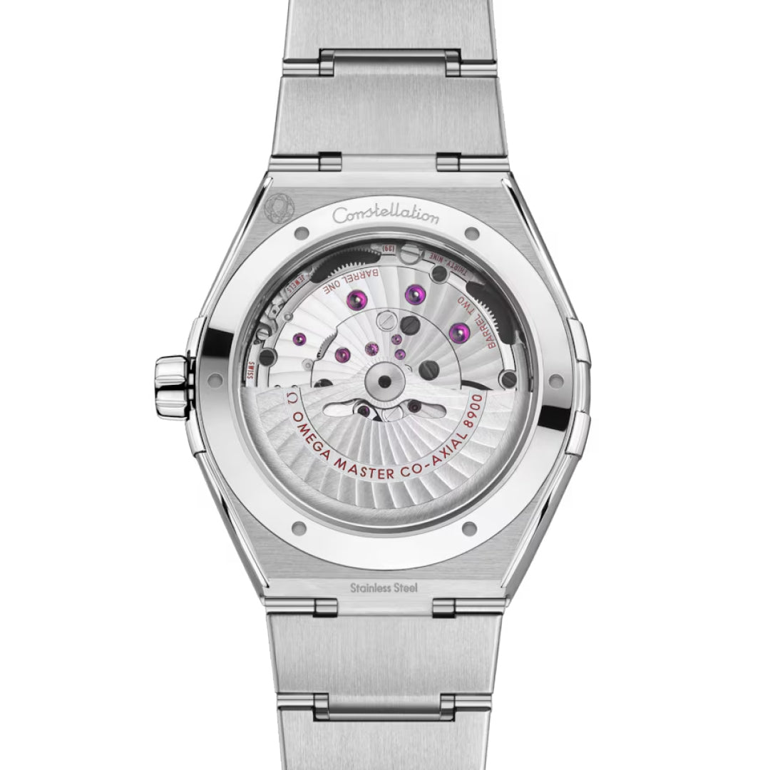 Back view of the OMEGA Constellation Co-Axial Master Chronometer 41mm Watch, with a transparent caseback revealing the Co-Axial Master Chronometer Calibre 8900 and "OMEGA MASTER CO-AXIAL 8900" engraved on the rotor.