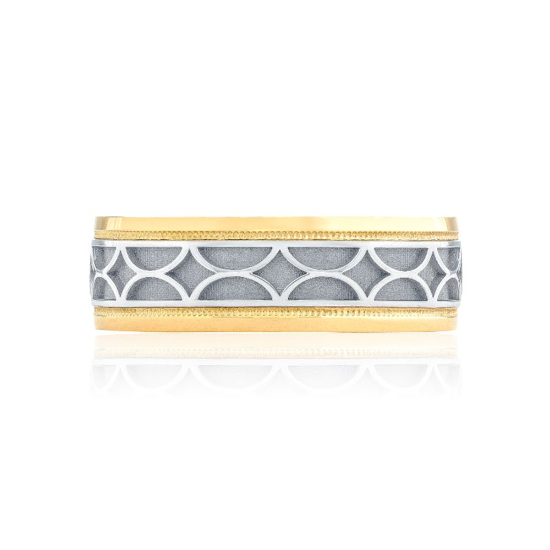 The Tacori Geometric Two-Tone Finish 18K White and Yellow Gold Decorative Wedding Band is crafted by Tacori in 18kt yellow gold, showcasing a geometric pattern with semi-circle shapes. Parallel gold borders enhance the design, set against a reflective white background, making it an elegant choice for a gents band.