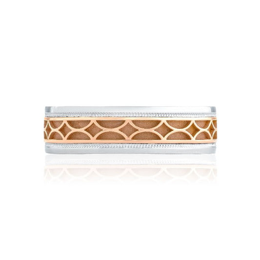 The Tacori Geometric Two-Tone Finish 18K White and Rose Gold Decorative Wedding Band boasts an intricate pattern of interlocking arches, combining a silver and rose gold design. Its polished finish creates a reflective appearance against a white background, making it perfect for the refined gentleman.