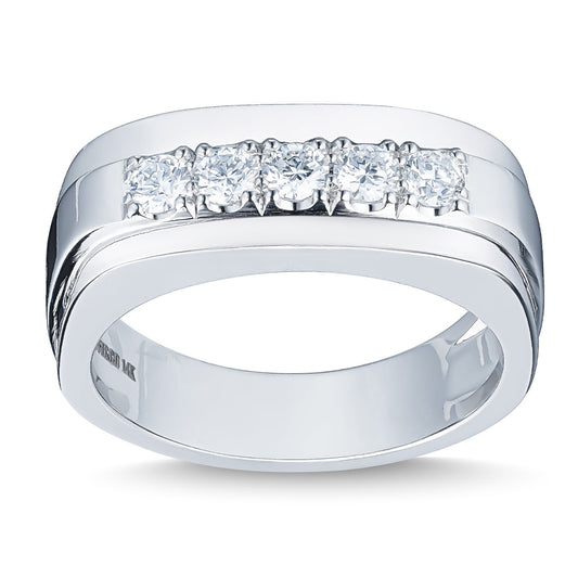 Introducing the Raffi&Co.® 14K White Gold Diamond Ring, showcasing four square-cut diamonds elegantly arranged in a row. This ring features a sleek and modern design with a wide band crafted from polished 14K white gold for a luxurious shine.