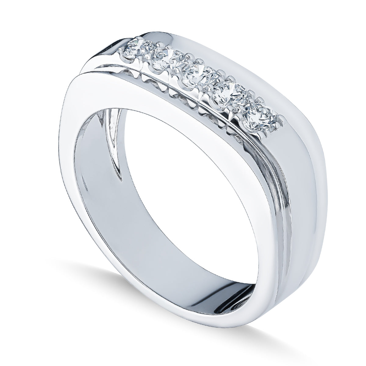 Introducing the Raffi&Co.® 14K White Gold Diamond Ring, a sleek and modern piece featuring five small, sparkling diamonds elegantly set across the top. The band boasts smooth, polished edges with a reflective surface for added sophistication.