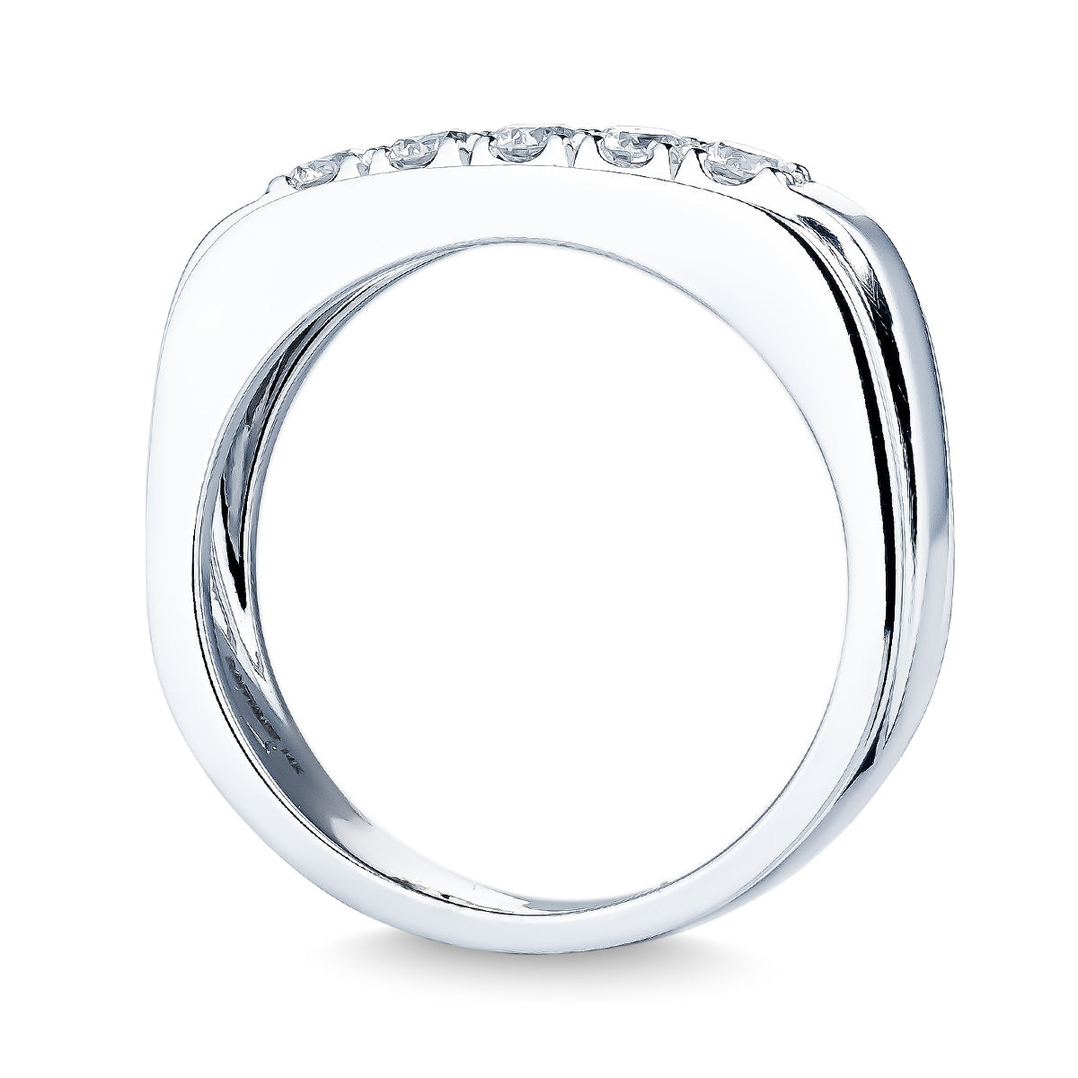 Introducing the Raffi&Co.® 14K White Gold Diamond Ring, a modern masterpiece featuring a sleek, square-edge design. This band showcases small, embedded clear stones along its top edge for a subtle yet elegant look. The polished and reflective 14K white gold finish enhances its contemporary allure, making it a standout piece from the Raffi&Co brand.