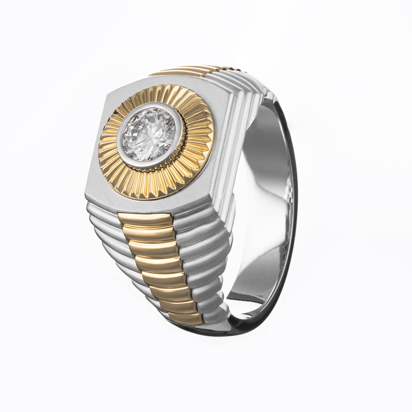 The Raffi&Co.® 14K Yellow and White Gold Diamond Fashion Ring by Raffi&Co features a striking octagonal face adorned with a prominent round diamond and a radiant sunburst design. The band showcases an elegant striped pattern, artfully alternating between gold and silver sections.