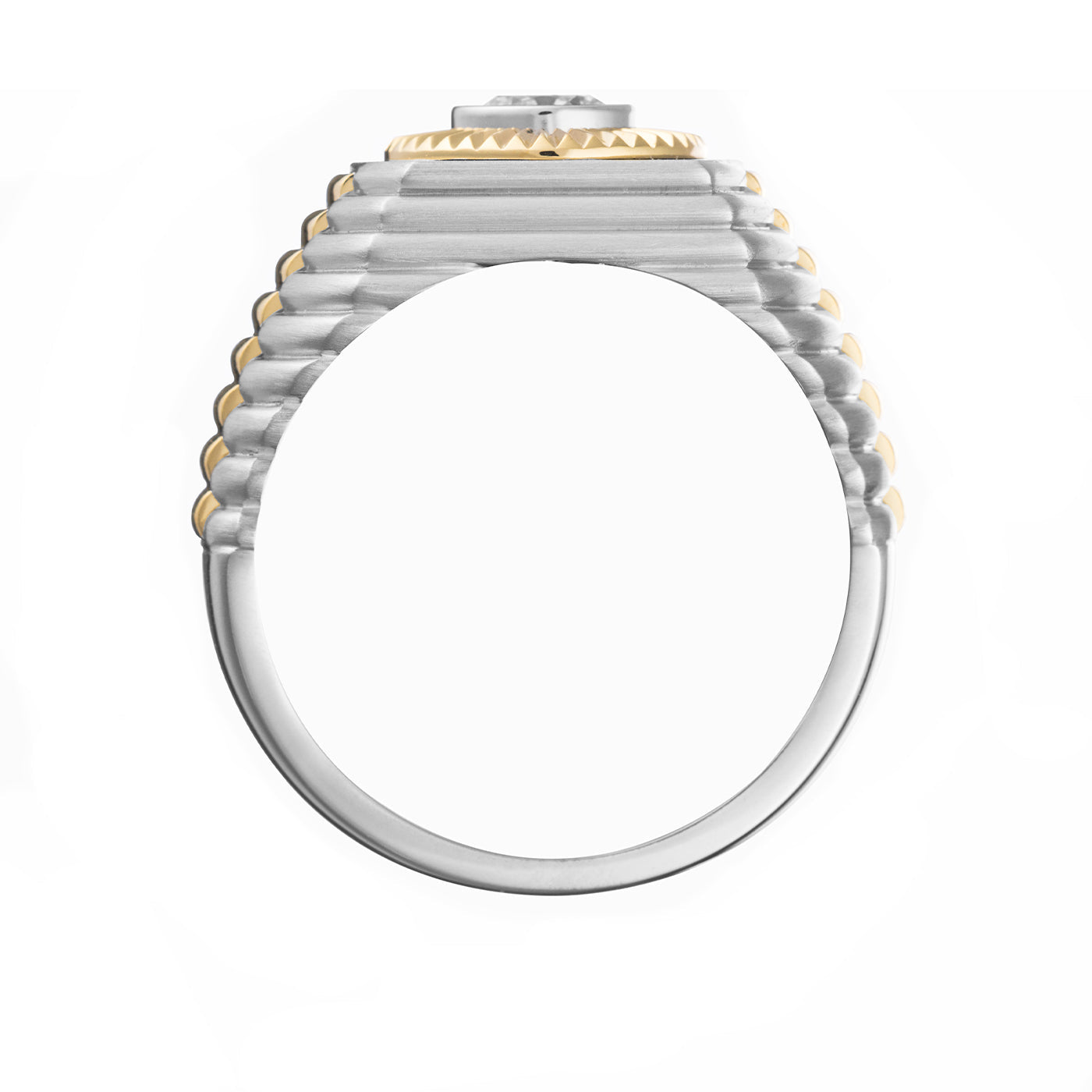 Side view of the Raffi&Co.® impressive diamond fashion ring boasting a ribbed band design. This GIA Certified piece exhibits 14K yellow and white gold tones and showcases intricate detailing along the band.