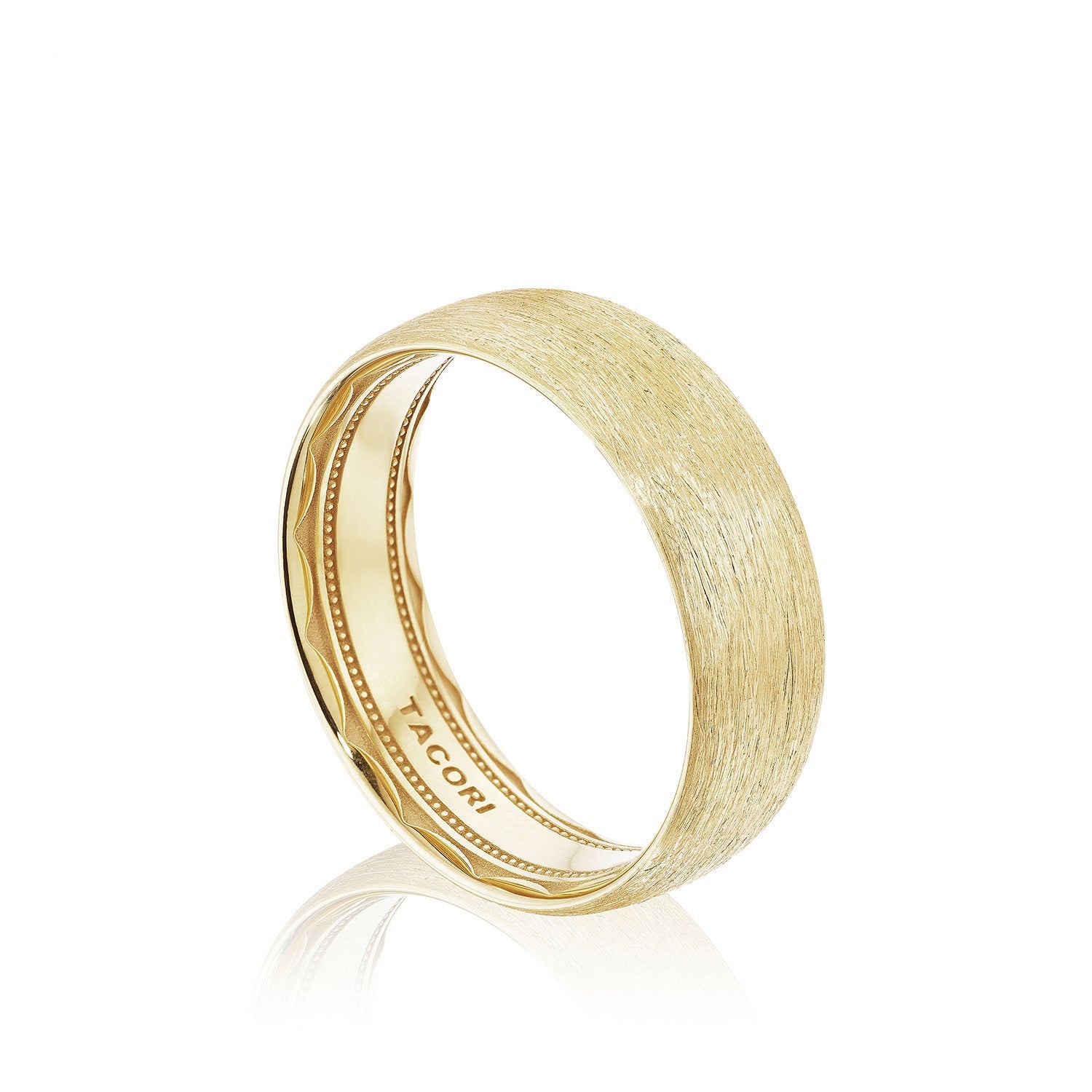 The Tacori Classic Rounded Brushed Finish 18K Yellow Gold Wedding Band features a smooth interior and a high polish finish, gently reflecting light against a white background.