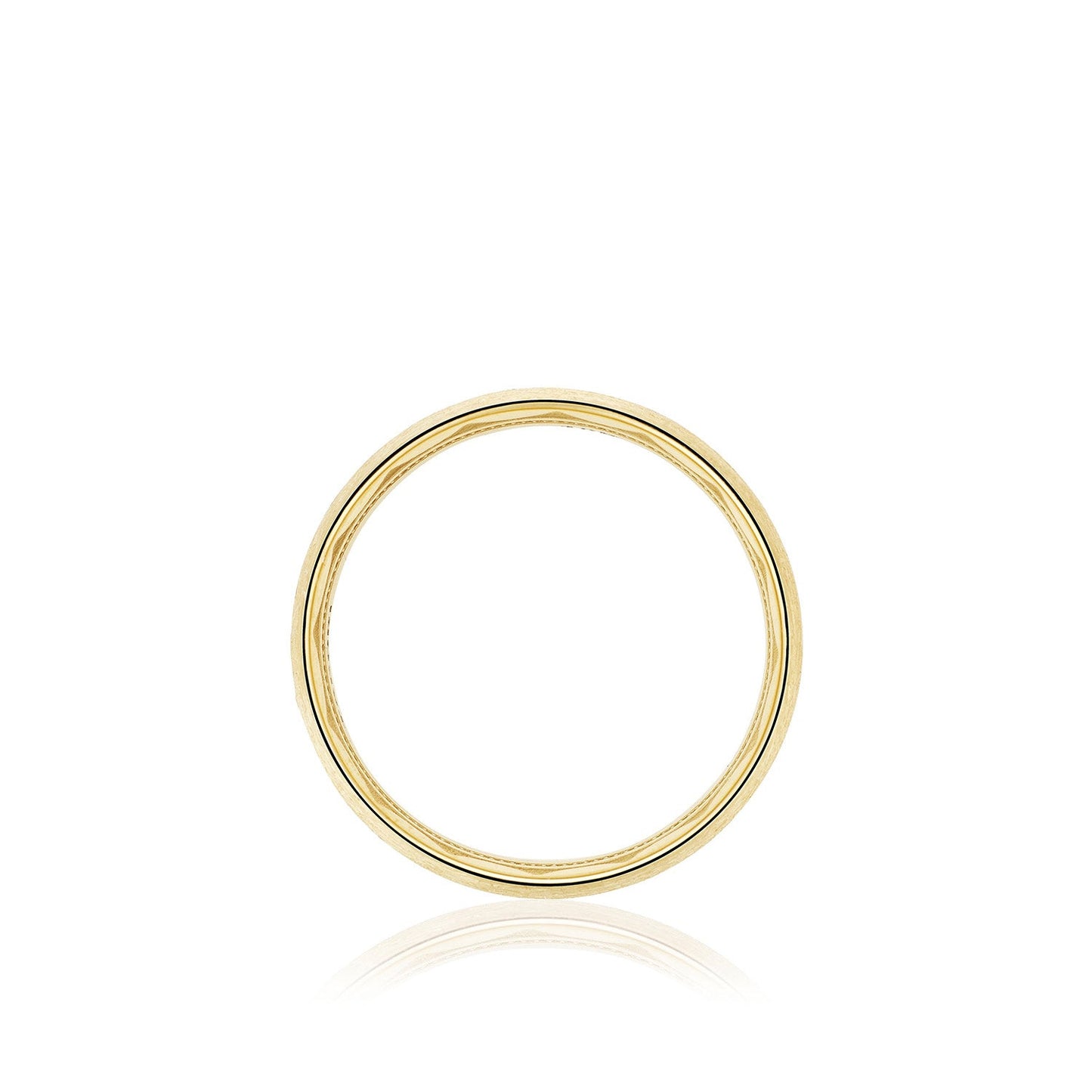 The Tacori Classic Rounded Brushed Finish 18K Yellow Gold Wedding Band is displayed on a white background, showcasing its smooth, high polish finish and circular shape. A faint reflection below adds to its elegance and soft-comfort fit.