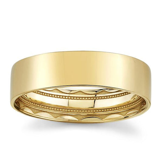Introducing the Tacori Classic Flat High Polish Finish 18K Yellow Gold Wedding Band, a beautifully simple ring with a smooth exterior and a decorative interior pattern. The comfort fit design ensures that this Tacori piece feels as good as it looks, effectively reflecting light on its high polish surface.