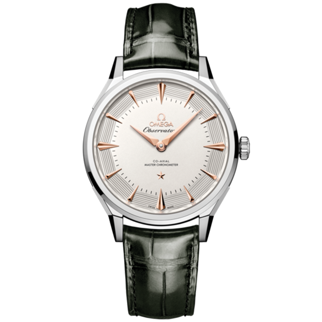 OMEGA Constellation Observatory Co-Axial Master Chronometer 39.4mm Watch with a white dial, rose gold hour markers, and a dark leather strap.