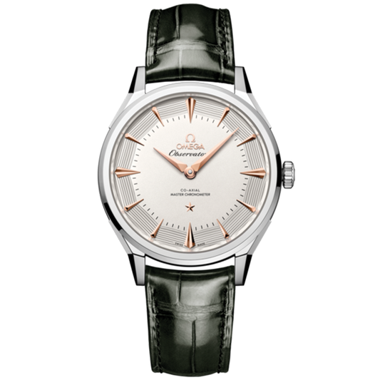 OMEGA Constellation Observatory Co-Axial Master Chronometer 39.4mm Watch with a white dial, rose gold hour markers, and a dark leather strap.