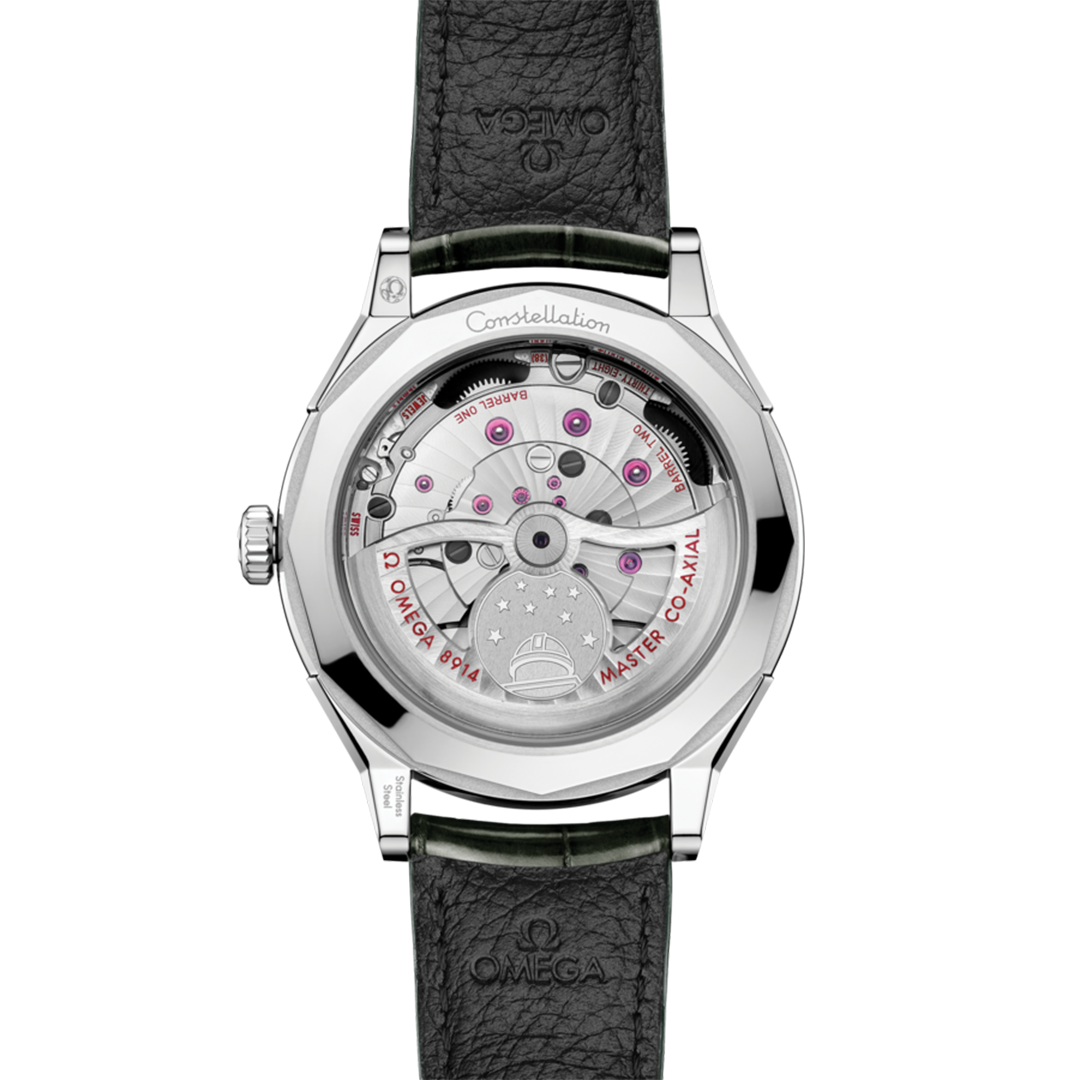 Exhibition case back of an OMEGA Constellation Observatory Co-Axial Master Chronometer 39.4mm Watch showing the mechanical movement with visible gears and an observatory emblem on the rotor, mounted on a black leather strap.
