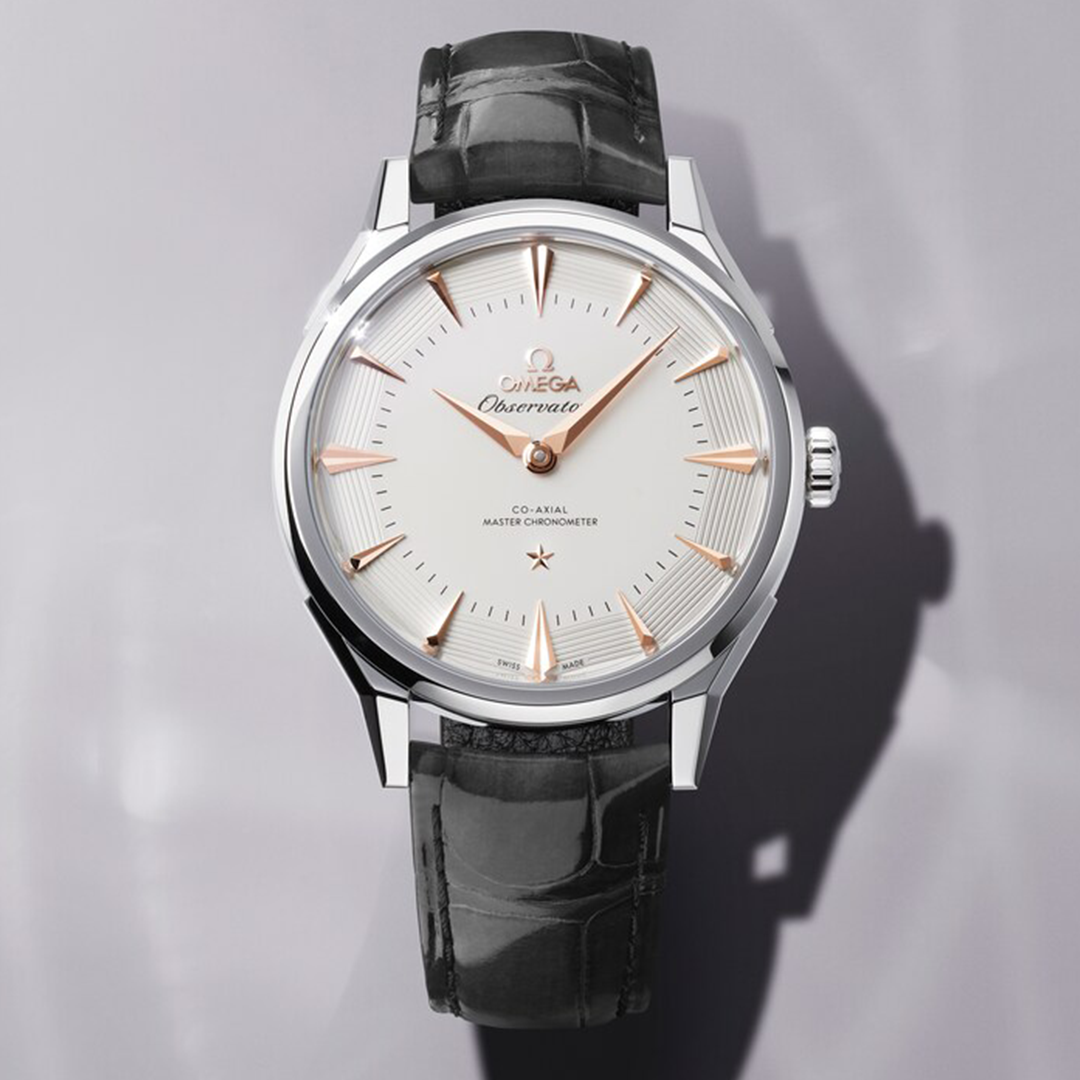 OMEGA Constellation Observatory Co-Axial Master Chronometer 39.4mm watch in silver-tone with a white dial, rose gold indices and hands, and a black alligator leather strap.