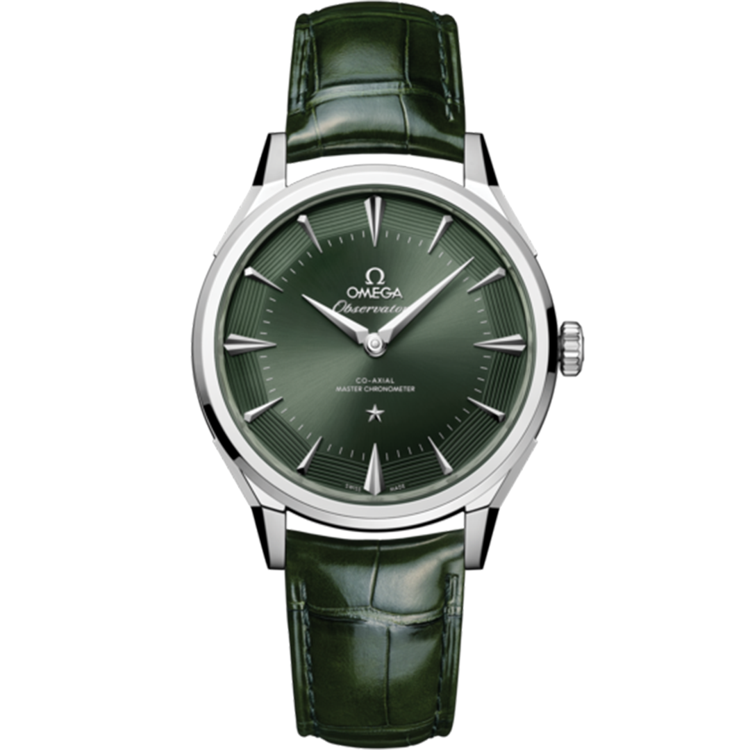 An OMEGA Constellation Observatory Co-Axial Master Chronometer 39.4mm watch in silver with a green dial and a dark green alligator leather strap.