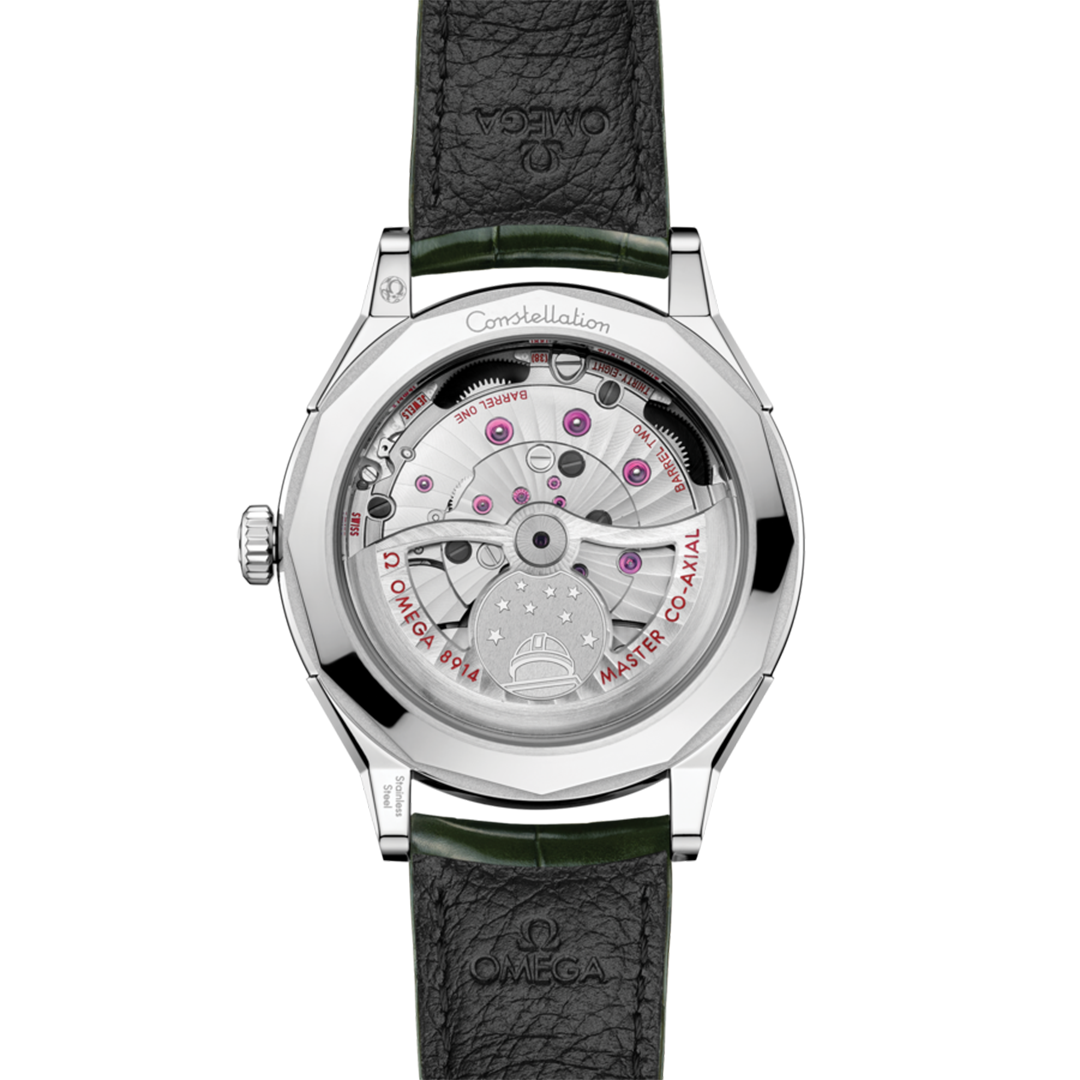 Back view of an OMEGA Constellation Observatory Co-Axial Master Chronometer 39.4mm Watch, showing the intricate mechanical movement through a clear case back against a dark leather strap.