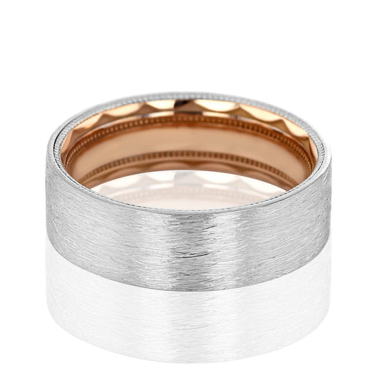 Introducing the Tacori Classic Two-Tone Flat Brushed Finish Men's Wedding Band, crafted with 18K white gold featuring a brushed texture exterior and a rose gold interior. The edges are elegantly smooth, while the inside reveals a reflective, faceted design adorned with subtle milgrain details.